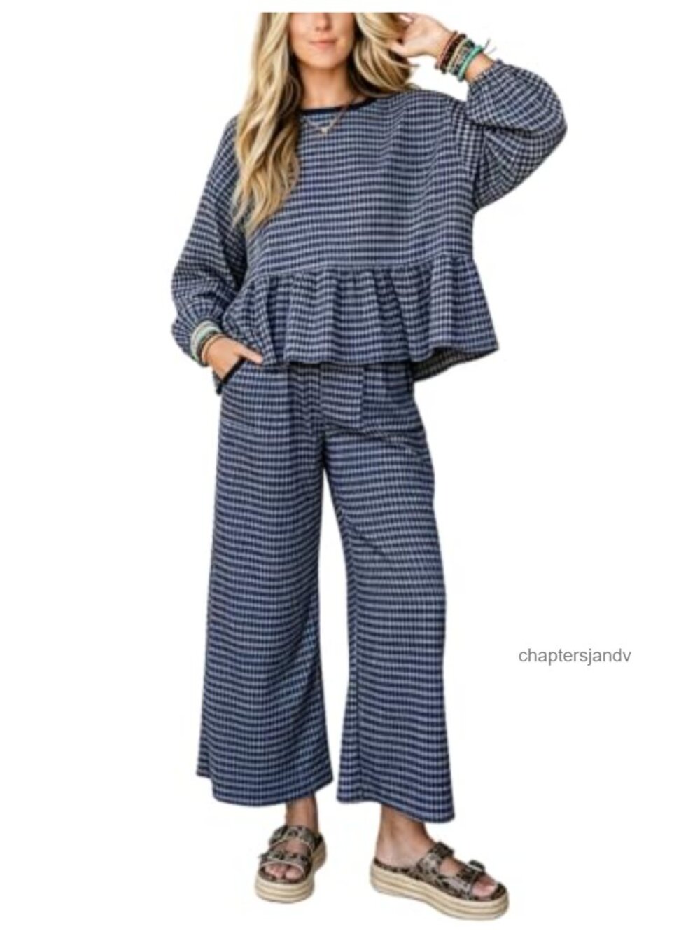 Womens Gingham 2 Piece Lounge Outfit Ruffled Peplum Top Wide Leg Pants Set